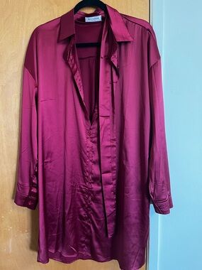Bliss Long Sleeve Satin Shirt Dress in Deep Wine